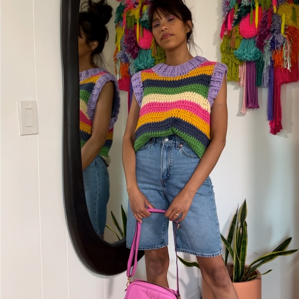 Farm Rio stripped rainbow crochet vest